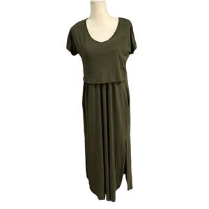 VTG Womens Short Sleeve Soft Knit Olive Maxi Dress Apron Top Side Slit Pockets L